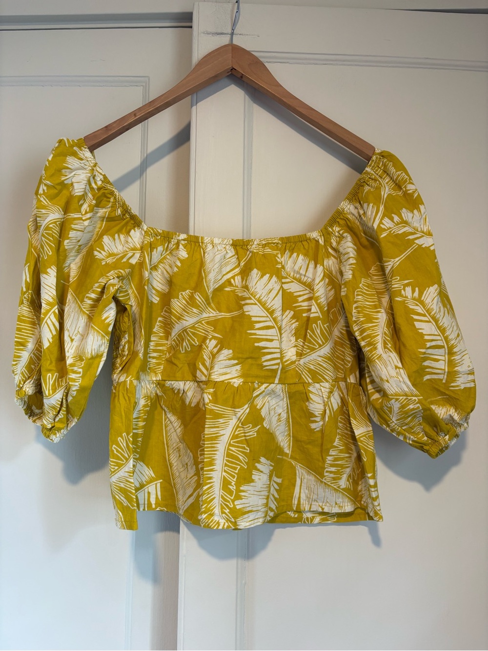 Sim & Sam Yellow Palm Leaf Print Puff Sleeve Peplum Blouse Tropical Boho Top